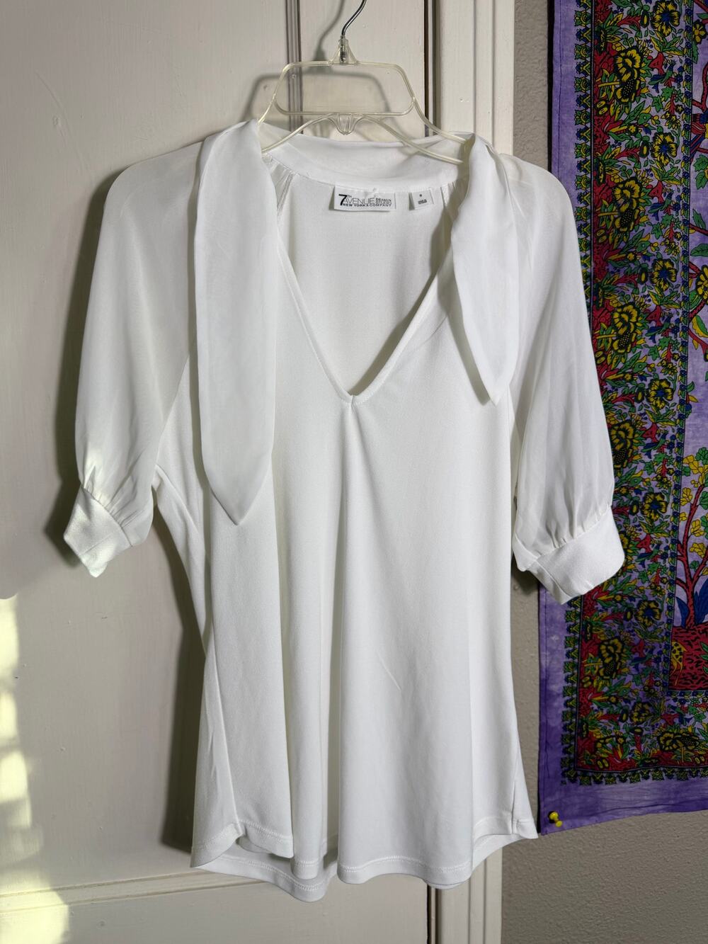 7th Avenue New York & Company White Tie Neck Blouse Size S Puff Sleeve